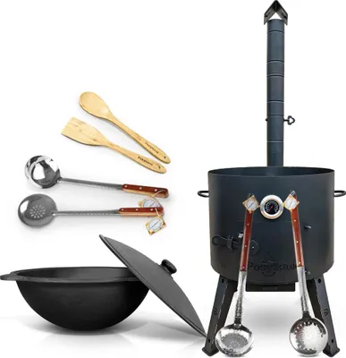 Produktbild von Set - Feuerofen - KazanoFF, 22 Liter, Ø 49 cm + Gusseisenkasan mit rundem Boden, 22 l, Ø 52,7 cm + Thermometer + Schaumlöffel: 3 Stk. + Schöpfkelle +
