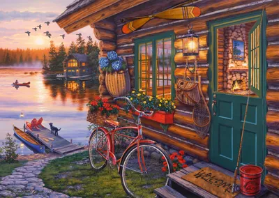 Imagen del producto de Darrell Bush: Cabaña junto al lago, con bicicleta y rompecabezas