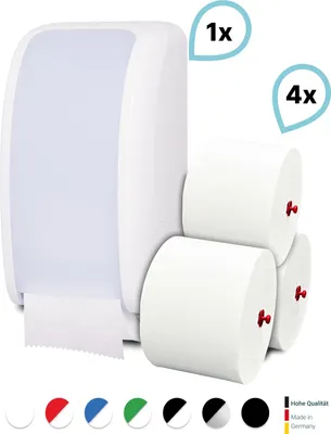 Produktbild von SET: 1x Toilettenpapierspender Doppelrollen Blanc Cosmos verschied. Farben + 4 Toilettenpapierrollen Long Life 3L - PRODUKTSET : Farbe - Weiß Farbe: Weiß