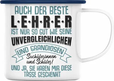 Produktbild von Trendation - Lehrer Geschenk Emaille Tasse Abschied Abschiedsgeschenk für Lehrer Abi Abitur Geschenkidee (Blau)