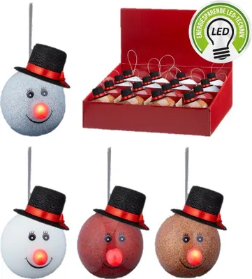 Produktbild von 4 Stück LED Weihnachtskugeln Schneemann Ø 7cm blinkende Nase