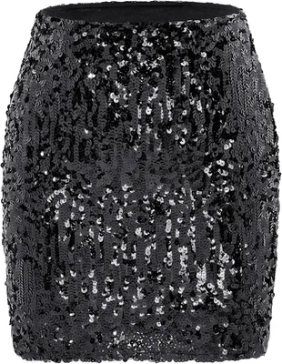 Productafbeelding van Midi-rok met pailletten. Elegant, glanzend, geschikt voor feesten, festivals en avondkleding. Zwart. Maat S