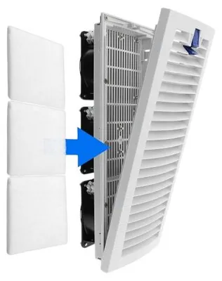Produktbild von DeLOCK 3 AC Axiallüfter 230 V mit Filter 418 x 180 x 84 mm, Wandmontierter Industrieventilator, Schwarz, Blau, Weiß, Kunststoff, 12 cm, 2500 - 2500 RPM, 52 dB