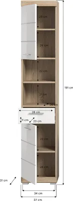 Produktbild von Badezimmer Hochschrank, 37 cm breit, in Sonoma Eiche mit weiß Hochglanz - SIROCO-158