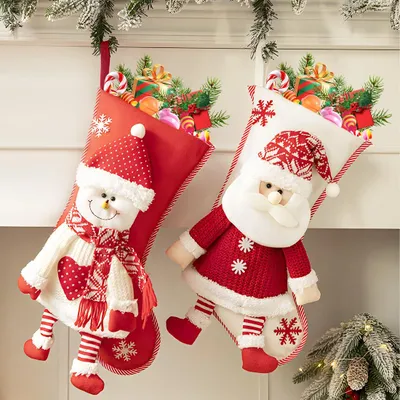Weihnachtsstrümpfe 2er-Set, 45x25 cm, rot-weiß, Weihnachtsmann & Schneemann