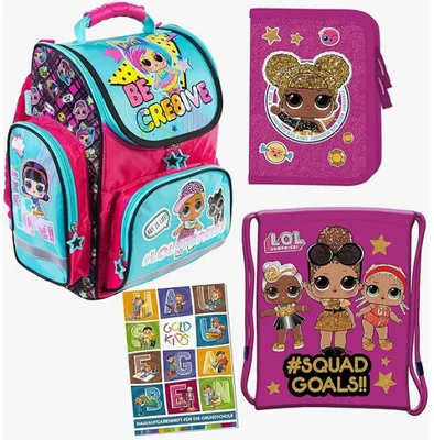 Produktbild von Schulranzen für Jungen und Mädchen, 4er-Set - Schul-Rucksack für Kinder mit Federmäppchen - Schuhbeutel und Hausaufgabenheft - LOL