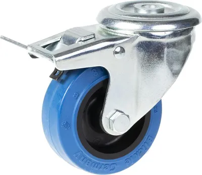 Produktbild von 80-mm-Lenk-/Bremsrolle mit blauem Elastikgummi auf Nylon-Mittelrad