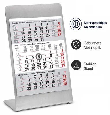 Produktbild von Tischkalender 2027 mit Metallaufsteller magnetisch 3-Monatskalender Büro (Titan)