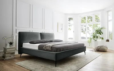 Produktbild von Meise Möbel Polsterbett Infinity 160x200 cm | Doppelbett | Bettgestell | Kopfteil in Kissenoptik | Webstoff Moosgrün | Metallfuß schwarz