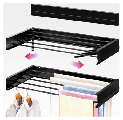 Produktbild von Wandmontierter Wäscheständer, faltbar für Innen- und Außenbereich, Schwarz