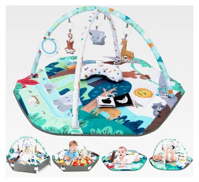 Produktbild von Spielbogen für Babys, 4-in-1 Spieldecke, faltbare Spielmatte im Zoo-Design mit 6 Spielzeugen, Krabbelmatte ab Geburt, inklusive Bauchlagekissen