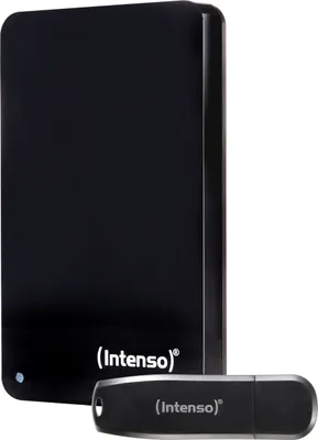 A black external hard drive and a black USB flash drive are shown against a white background.