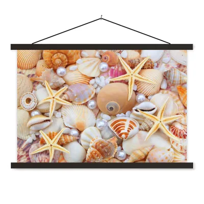 Produktbild von MuchoWow® Textilposter Muscheln - Perlen - Seesterne - Strand 60x40 cm mit schwarzem Rahmen - Hölzernes