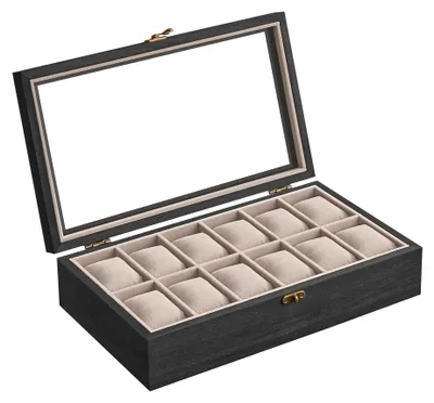Produktbild von SONGMICS Uhrenbox mit 12 Fächern, Uhrenkasten aus Massivholz, mit Glasdeckel, Uhrenkissen, Geschenk für Ihre Liebsten, ebenholzschwarz JOW120B01