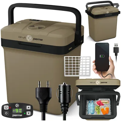 Produktbild von PEME Essential 23 Liter elektrische Kühlbox zum Kühlen und Warmhalten, 12/230V mobiler Kühlschrank, Eco-Modus, USB-Anschluss, für Camping und Auto