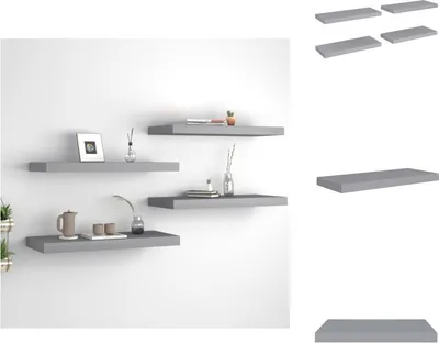 Four gray floating shelves are mounted on a white wall, with some decorative items on them. To the right, there are separate images of individual shelves.