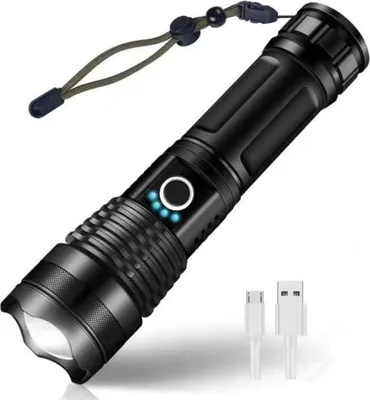 Produktbild von Extrem leistungsstarke LED-Taschenlampe, 4300 Lumen, USB-aufladbar, 5 Leuchtmodi, einstellbare Helligkeit, Zoomfunktion, wasserdicht, schwarz