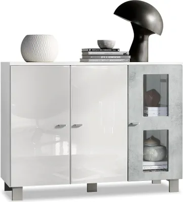 Produktbild von Vladon Sideboard Denjo,  Germany, Kommode mit 3 Türen, Weiß matt/Weiß Hochglanz/Beton Oxid-Optik (107 x 81 x 35 cm)