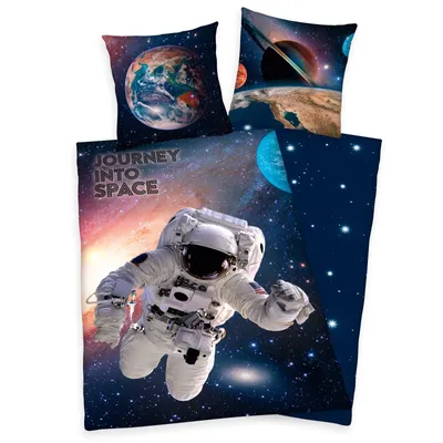 Produktbild von Astronaut Bettwäsche Cosmonaut Weltraum Erde Mond Saturn 100 % Baumwolle 135 x 200 cm 80 x 80 cm Reißverschluss