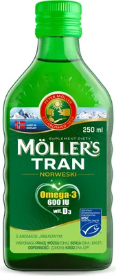 A bottle of Möller's Tran Norwegian Cod Liver Oil.
