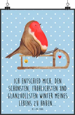 Produktbild von Mr. & Mrs. Panda Bild Rotkehlchen Schlitten DIN A2 - Blau Pastell - Geschenk, Vogel, drucke, Kunstdruck, Weihnachten, Plakat, wanddeko, Posterdruck