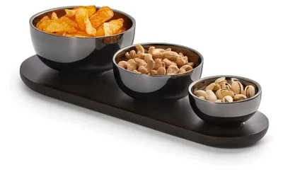 Produktbild von Philippi TRIO Schalen-Set, 3-teilig, Edelstahl Doppelwandig mit Mangoholz-Tablett