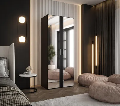Produktbild von Drehtürenschrank 190x80x48 cm Schwarz mit 2 Spiegeln – Moderner Kleiderschrank mit viel Stauraum für Schlafzimmer und Flur