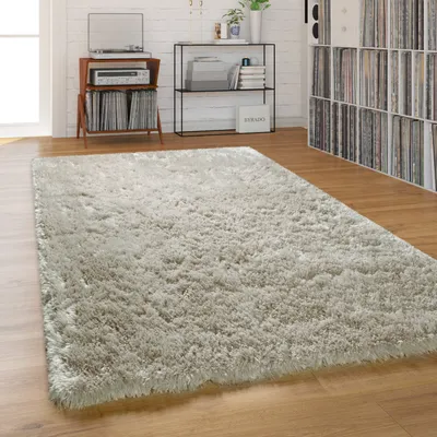 A shaggy rug is placed on a wooden floor in a room with shelves of records and books.