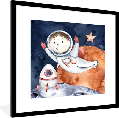 Produktbild von MuchoWow® Gerahmtes Poster Weltraum - Mond - Rakete - Jungen - Mädchen - Kinder 40x40 cm - Poster mit Schwarzem Bilderrahmen Wandposter Rahmen Foto Bilder - Poster - Plakat im Rahmen