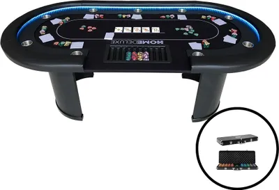 Obrázek produktu pro HOME DELUXE - Pokerový stůl včetně pokerového kufříku CASINO - s LED osvětlením a držákem nápojů, až pro 9 osob I Pokerový stůl