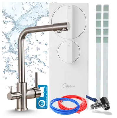 Imagen del producto de Grifo de cocina con sistema de filtración de agua por ósmosis inversa Ari Ro5 de 400 GPD. Grifo de dos mandos, cartucho cerámico, aireador, fabricado en latón e inoxidable, para montaje bajo encimera