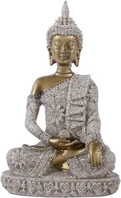 Imagen del producto de Estatua de Buda de arenisca, grabada a mano, con detalles dorados, de aproximadamente 15 cm, ideal para la decoración del hogar