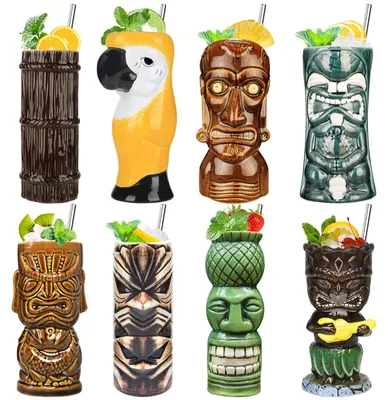 Tiki-Becher-Set, 8 Keramik-Cocktailbecher, Hawaii-Party-Deko