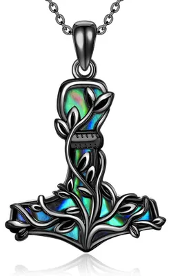 Productafbeelding van Halsketting Thor's Hamer Mjolnir, zilver, Vikingen, met zwarte abalone schelp
