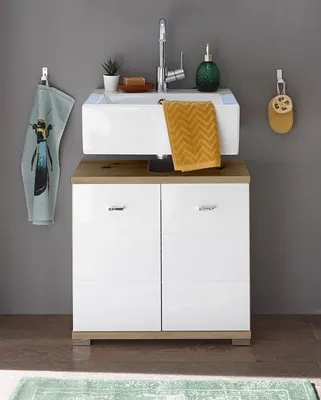 Produktbild von Waschbeckenunterschrank >Peter< in Weiß Hochglanz aus MDF - 60x57x31cm (BxHxT)