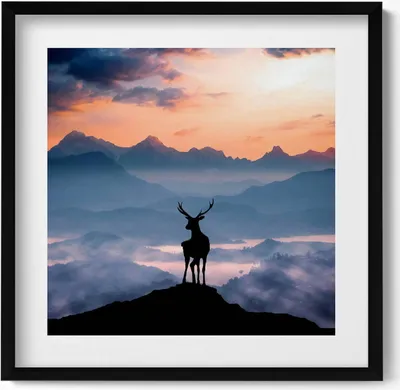 Produktbild von Hirsche auf einem Berggipfel– Wandbild mit Rahmen – Gerahmtes Bild  – Wanddekoration – 50x50 cm –  Schwarz Rahmen