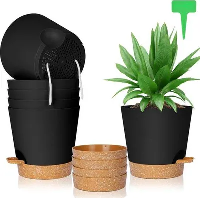 Image de Pot de fleurs auto-arrosant 6 pièces avec soucoupe - 20 étiquettes de plantes - pour plantes d'intérieur et de balcon