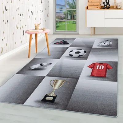 Produktbild von Homebyhome Kinderteppich Fussball Pokal Design Jungen Teppich, Spielteppich Kinderzimmer Teppich, Robust und Pflegeleicht, Grösse: 140x200 cm