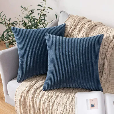 Productafbeelding van Set van 2 kussenhoezen van corduroy, geschikt voor sofa-kussens, decoratieve kussenhoezen met verborgen rits, 45 x 45 cm, donkerblauw