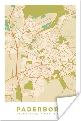 Produktbild von MuchoWow® Poster Jahrgang - Paderborn - Karte - Stadtplan 60x90 cm - Wanddekoration