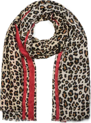 Produktbild von styleBREAKER Damen Schal mit Leo Muster und farbigem Streifen | Weiches Material mit Fransen | Animal Print Tuch in One Size