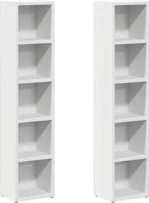 Two white, narrow bookshelves are shown side-by-side against a white background.