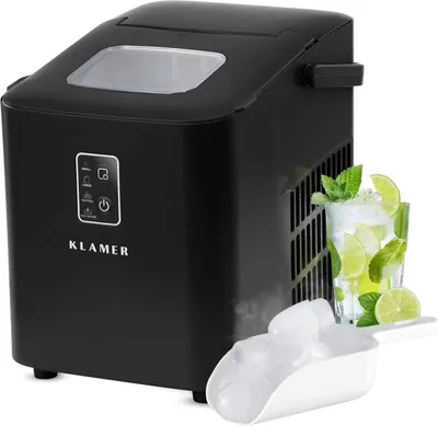 A black KLAMER ice maker is shown with a glass of mojito and a scoop of ice.