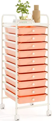 Produktbild von COSTWAY Rollwagen mit 10 stapelbaren Schubladen, Rollcontainer, Badrollwagen, Badtrolley, Badregal, Beistellwagen Metallgestell, Hellrosa