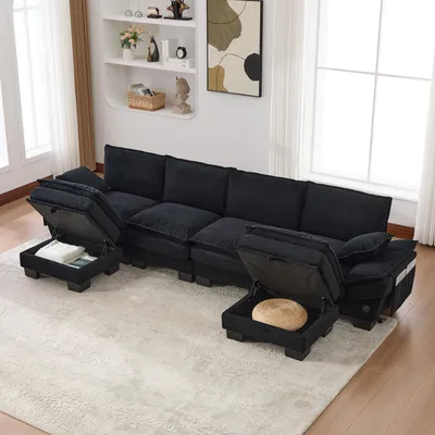 Produktbild von STILVORA Cordsofa mit 2 Hockern und breiter Sitzfläche, 4-Sitzer Sofa mit ergonomischem Design und hochdichter Schaumstoffpolsterung, Wohnzimmer Sofa mit USB-C Anschluss und praktischen Seitentaschen, Schwarz