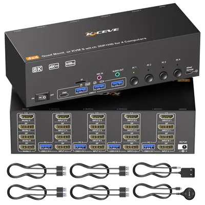 Zdjęcie produktu dla Przełącznik KVM dla 4 monitorów i 4 komputerów, obsługujący rozdzielczość 8K przy 30 Hz oraz 4K przy 144 Hz. Przełącznik HDMI i DisplayPort dla 4 komputerów