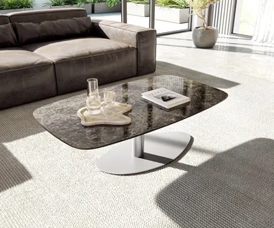 Produktbild von DELIFE Couchtisch Edge Boot 120x70 cm Keramik Emperador Extra Lucidato Dunkelbraun Vibany Edelstahl gebürstet