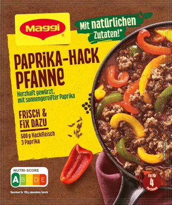 A close-up of a Maggi Fix Paprika Hack Pfanne seasoning packet, showing the product packaging and a depiction of the prepared dish.