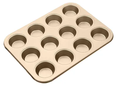 Obrázek produktu pro Forma na muffiny, 12-miskový pekáč, nepřilnavý povrch, zlatý, 6,3 cm, uhlíková ocel
