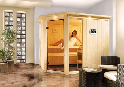Produktbild von Karibu Sauna Innensauna Fiona 3 Eckeinstieg Ofen 9 kW externe Strg easy 245x210x202 cm mit Dachkranz